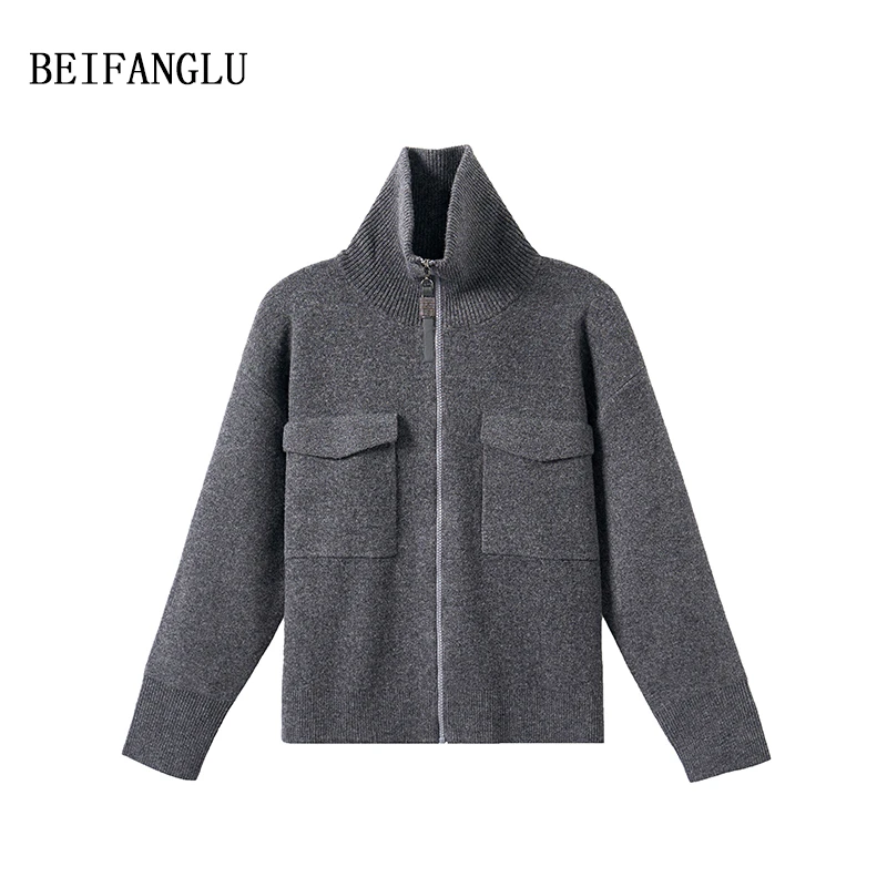 北方鹿 100绵羊毛意式B*C高级感拉链针织外套女251273