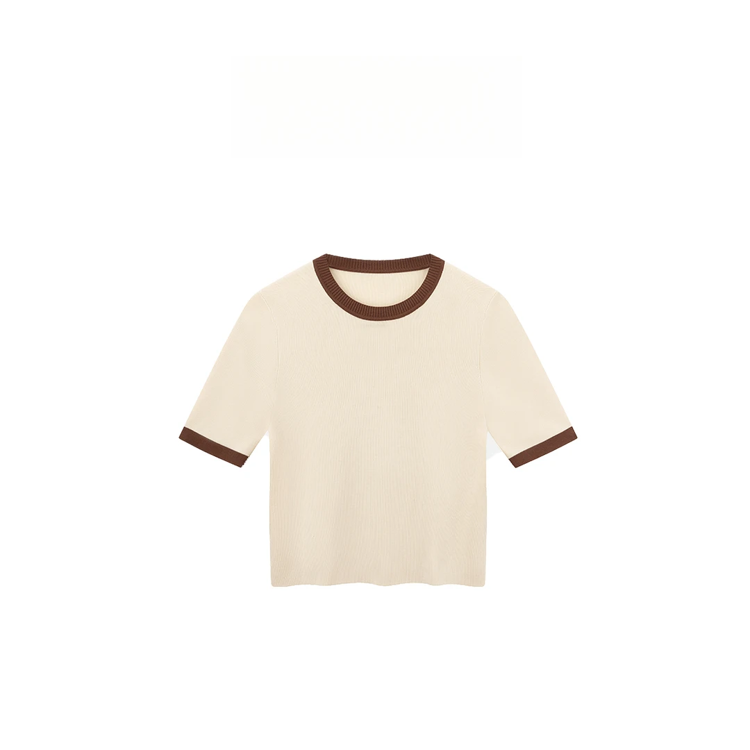 【达人专属】时尚撞色圆领短袖针织衫通勤百搭上衣 727