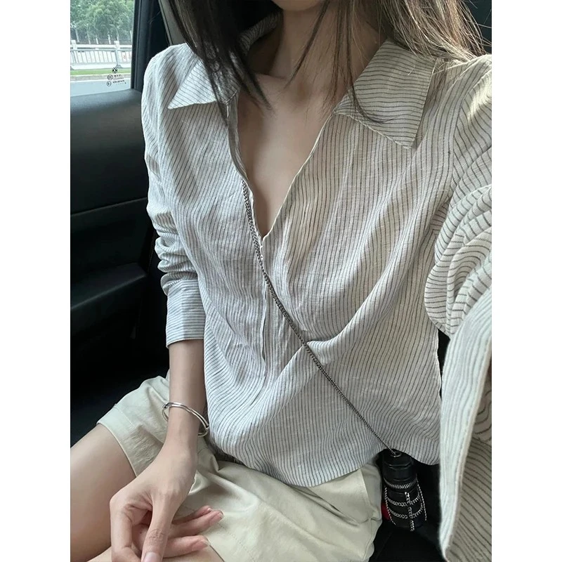 法式洋气polo领长袖衬衫女装夏季独特漂亮条纹小衫宽松显瘦上衣服