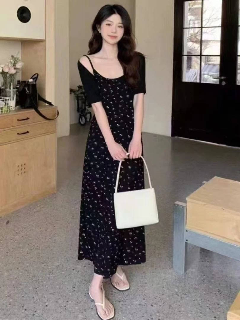 2025大码时尚夏季新款吊带碎花裙圆领短袖外套两件套