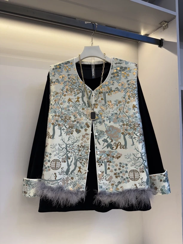 欧货新款大码新中式高级感马甲丝绒衫气质两件套