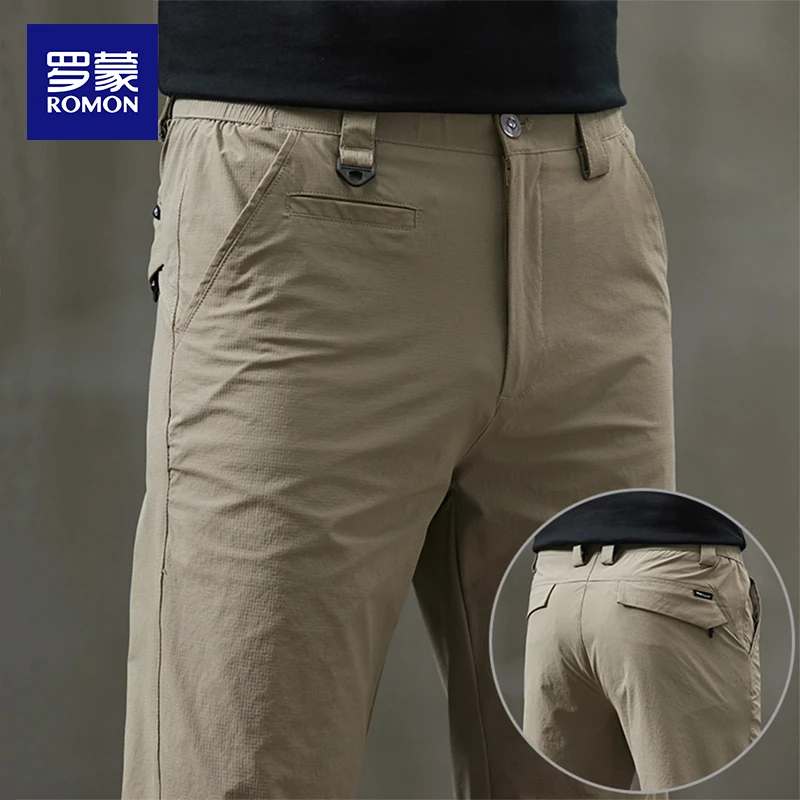 罗蒙男士中年商务高端户外三防休闲裤夏季薄款修身小脚直筒长裤子