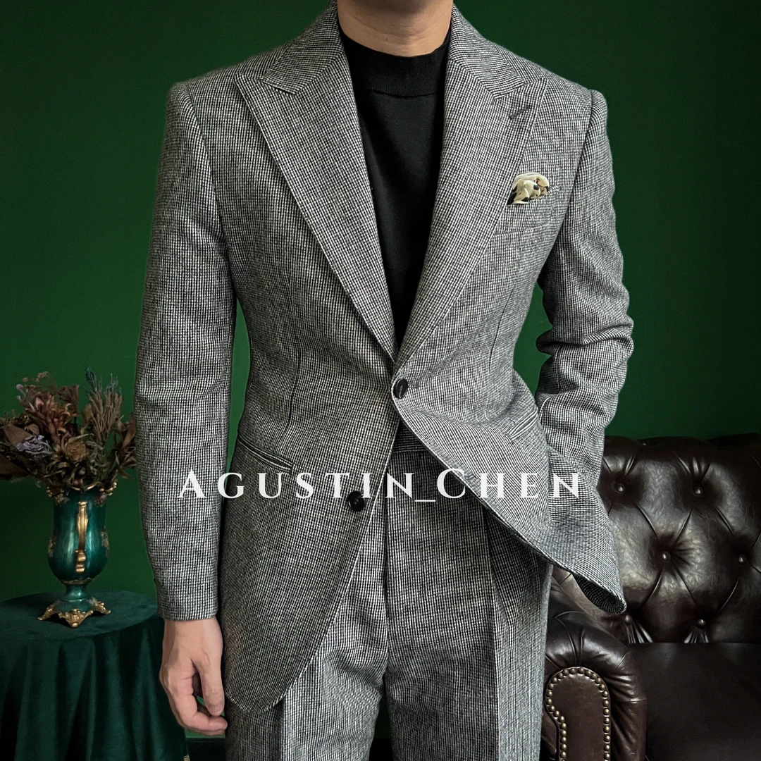 Agustin_Chen 意式秋冬千鸟格【羊毛】戗驳领男士老钱单排扣西装