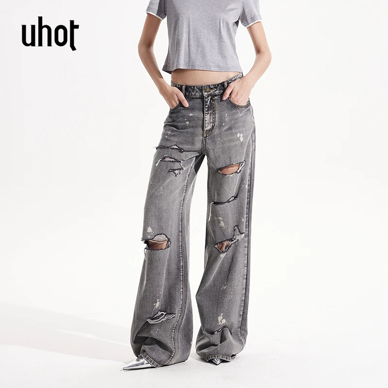 UHOT 熔岩烟灰宽松不规则破洞设计洗水复古个性牛仔裤女UWWR3K195