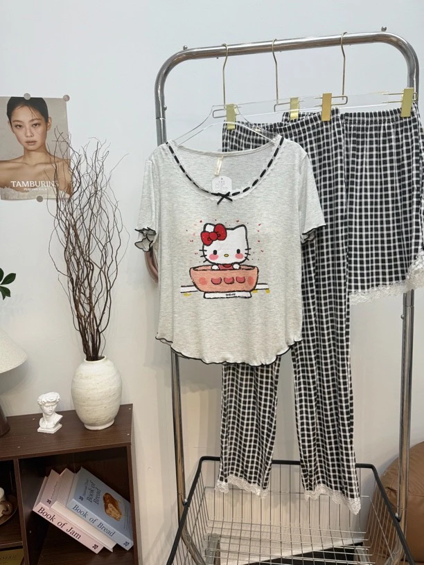 （暗黑kt）莫代尔三件套睡衣女带胸垫卡通少女薄款可外穿家居服