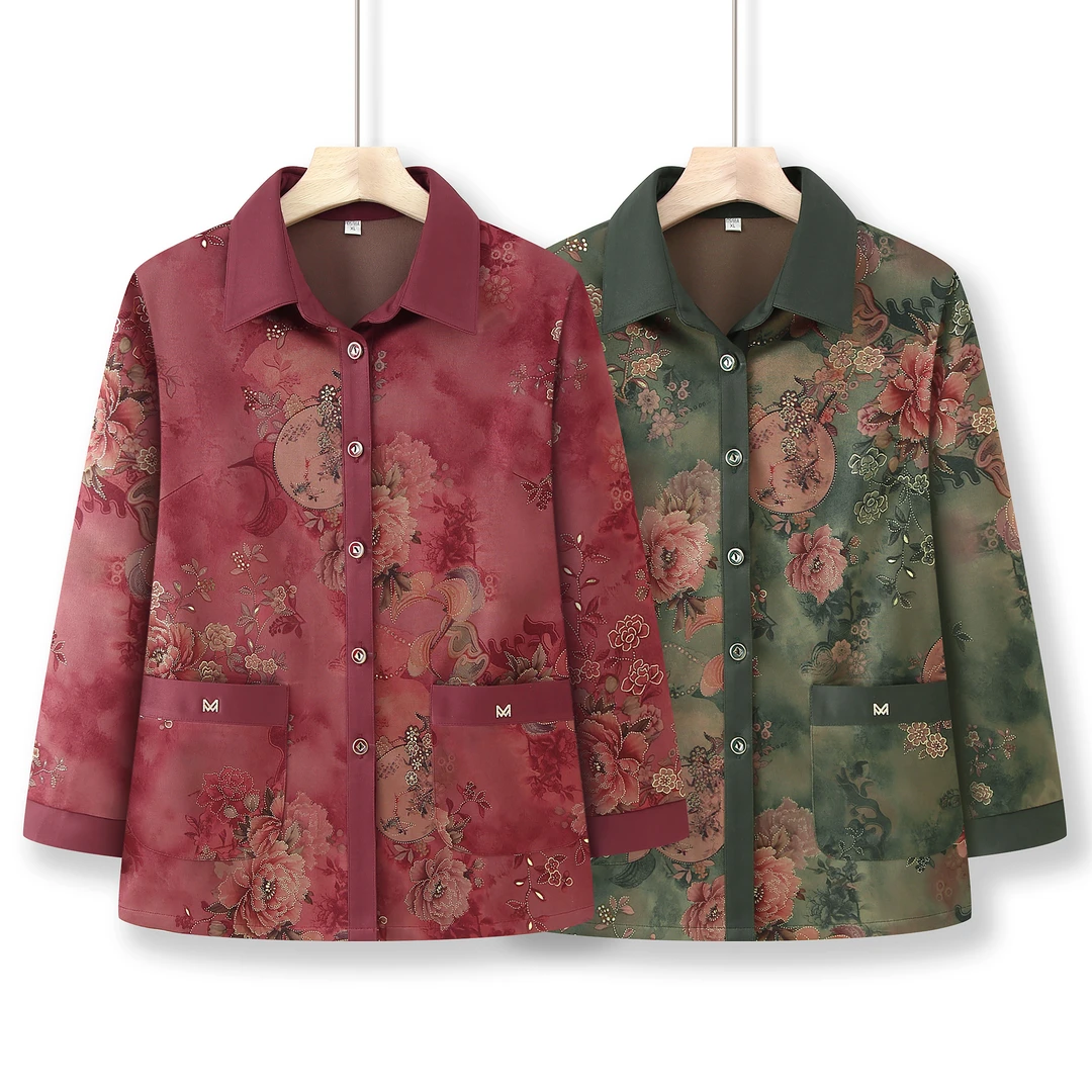 F123 妈妈装春秋款纽扣花色衬衫上衣中老年衬衫外套奶奶开衫上衣