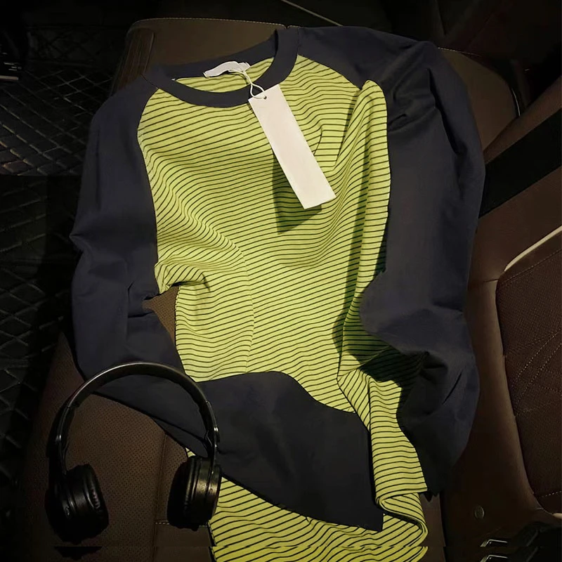 春秋拼接条纹撞色T恤女2025新款时尚洋气宽松圆领设计感长袖上衣