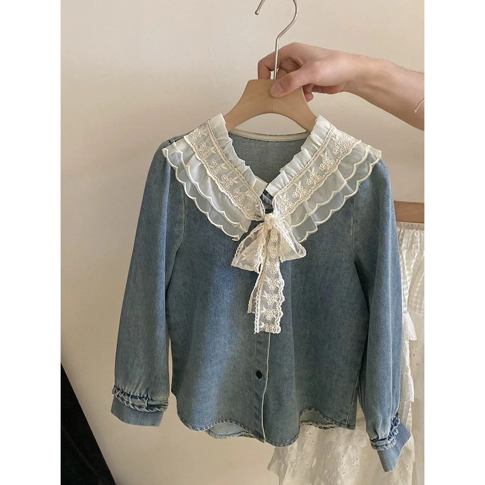 223哈哈家 特价 女童韩版洋气秋季新款蕾丝花边牛仔衬衫秋款外套