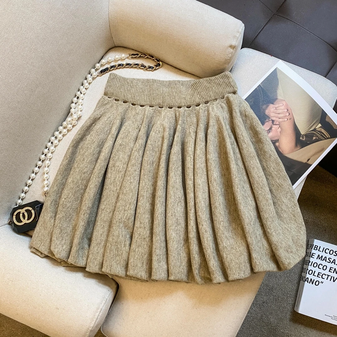 时尚高腰显瘦毛针织百褶半身裙女秋冬季新款防走光百搭甜美短裙潮