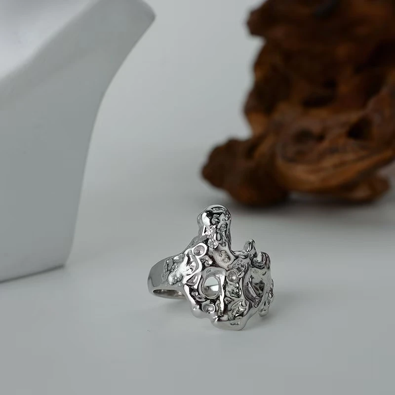 925银戒指 轻奢法式风不规则异形锤目纹戒指开口锤印气质时尚