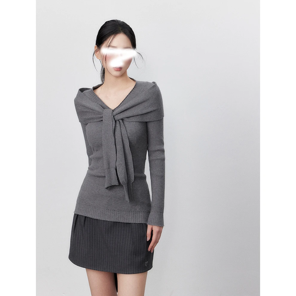 灰色系带领设计针织衫毛衣弹力修身显瘦假两件长袖上衣kk-05705