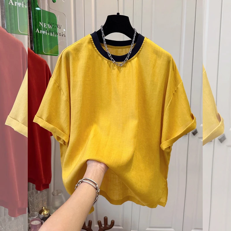 夏季新款韩版时尚百搭圆领大码短袖T恤女士宽松显瘦拼色文艺上衣