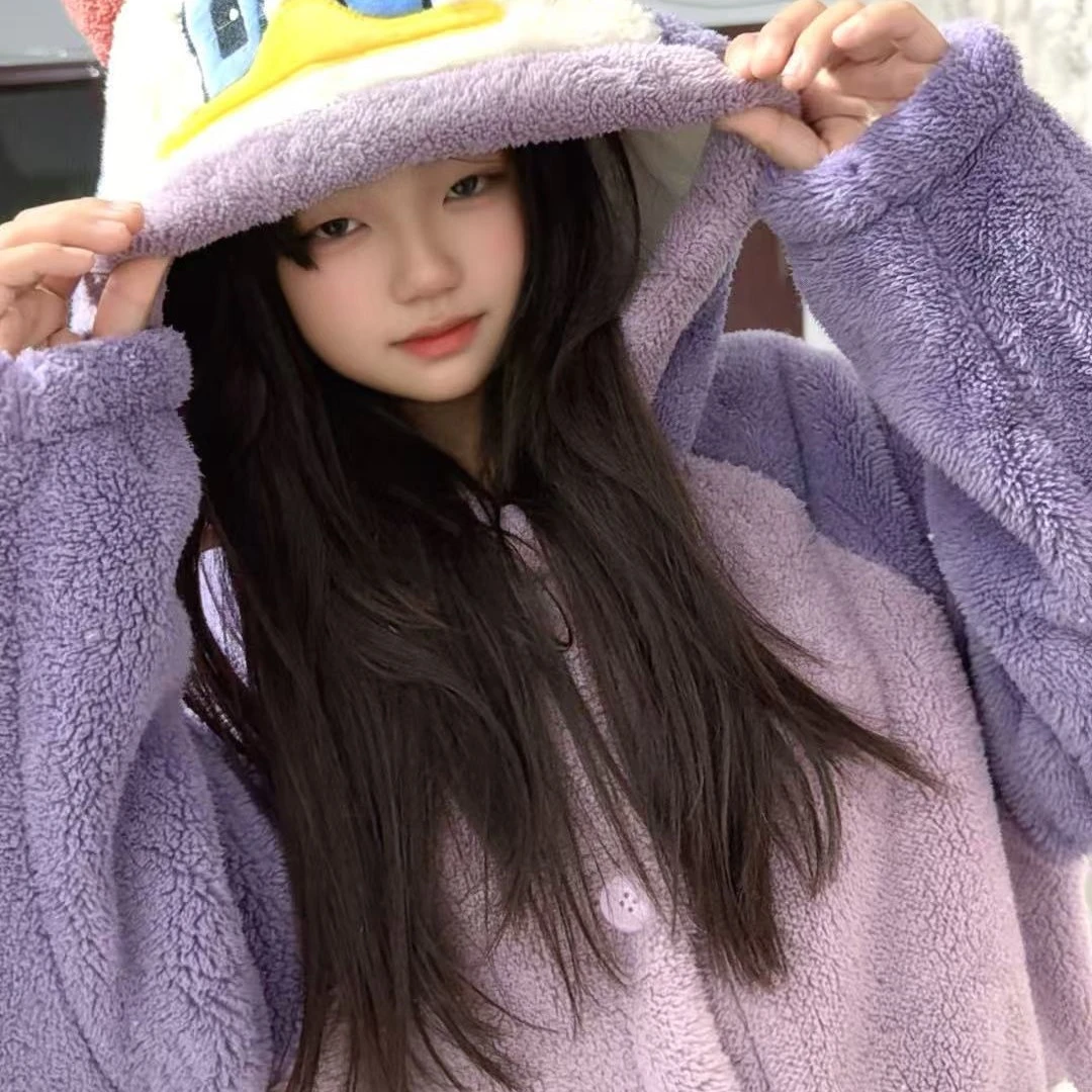 冬季长袖连帽青年厚款长款睡衣家居服保暖睡袍加厚唐老鸭