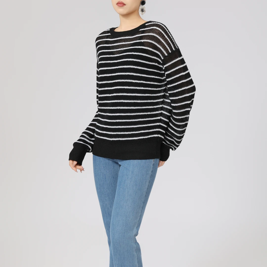 AMASS/阿玛施早秋新款针织衫气质条纹经典圆领撞色毛衣女 538021