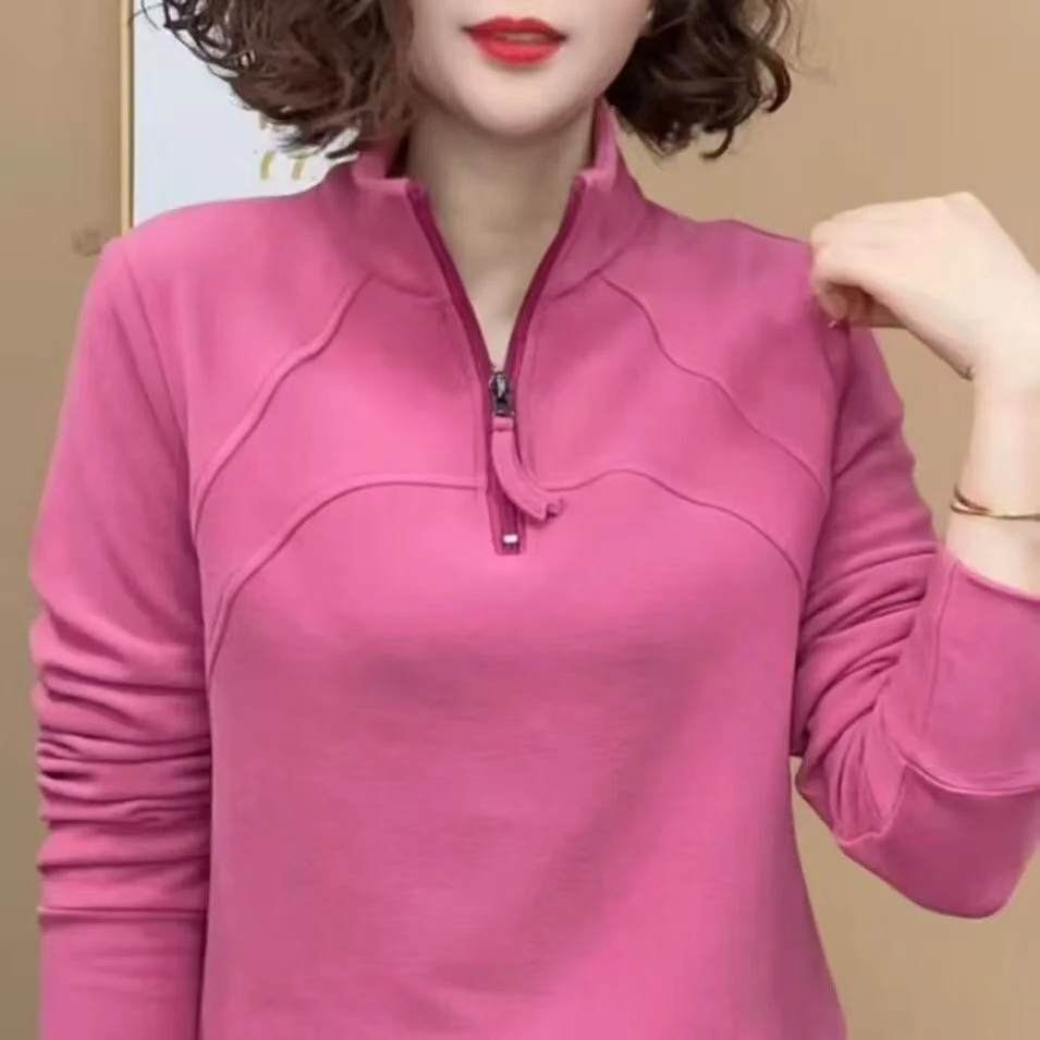 气质双面德绒拉链长袖t恤女拼接纯色冬季新款时尚保暖显瘦打底衫