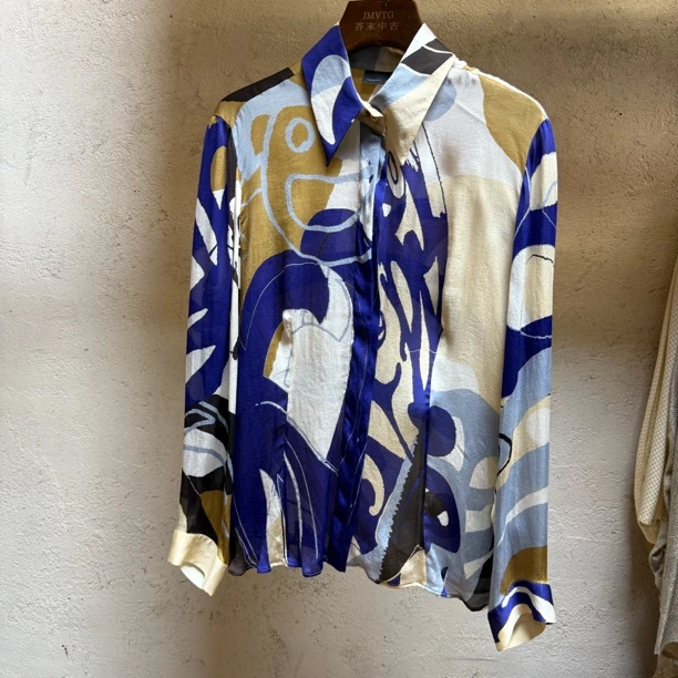 95新 FENDI/芬迪 FENDI衬衣夏季新款复古撞色印花真丝长袖气质