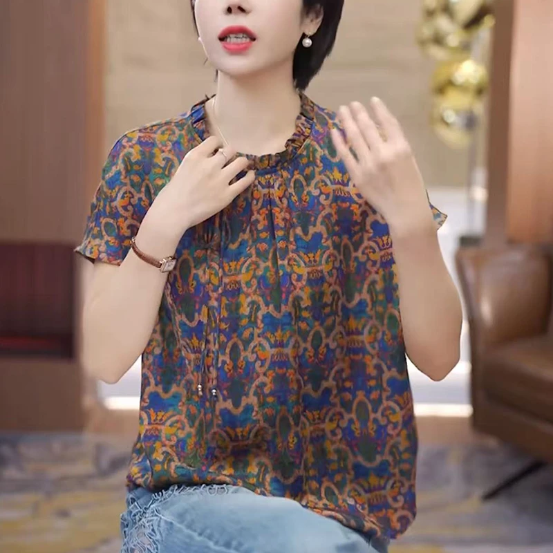 洋气减龄印花短袖衬衫2025夏季新款女士立领时尚别致设计感上衣