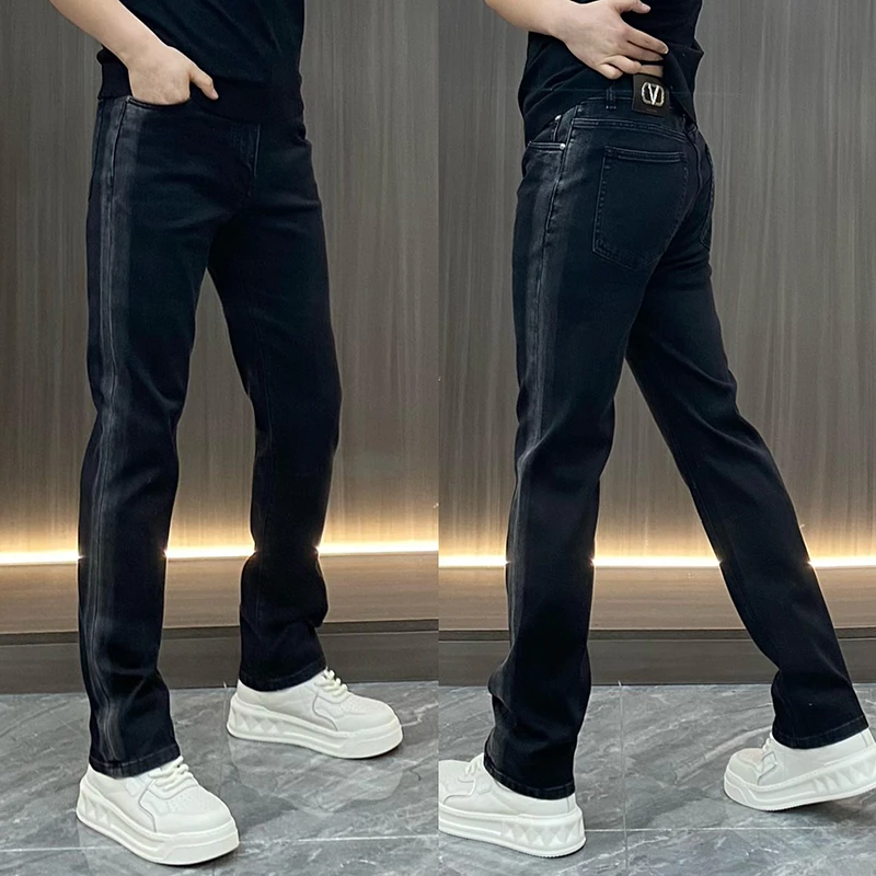 欧货潮牌水洗黑灰色拼色直筒牛仔裤男秋冬新款百搭弹力休闲长裤