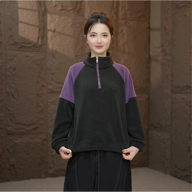 秋冬保暖拼接高领秋冬长袖卫衣宽松户外女拉链拼色
