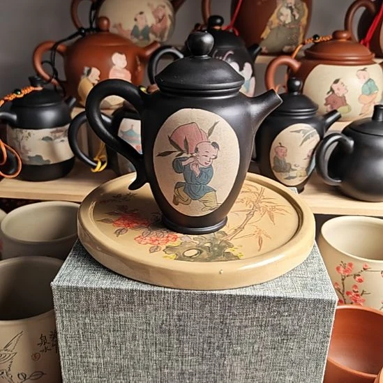 建水紫陶多道彩填茶壶全品3号120cc