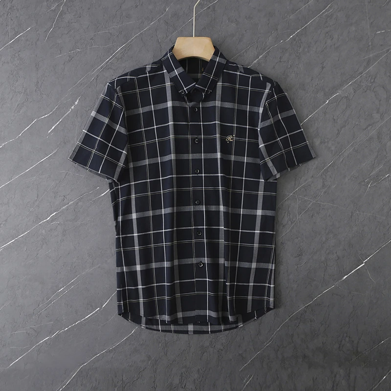 HS353剪标夏季男士格子短袖衬衫商务休闲清凉丝滑抗皱衬衣