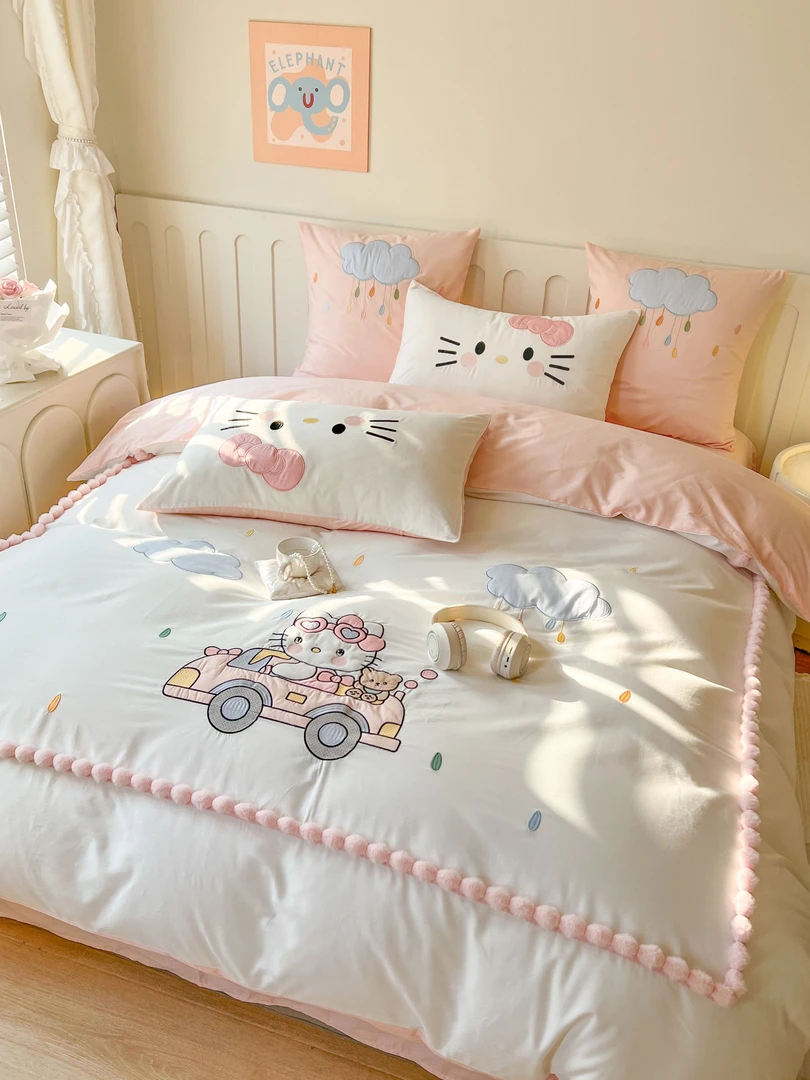 清！快乐猫咪 全棉100%纯棉可爱卡通风重工绣花款三件套四件套