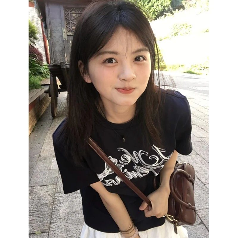 黑色短袖t恤女2025新款爆款夏季纯棉显瘦半袖内搭宽松打底衫上衣