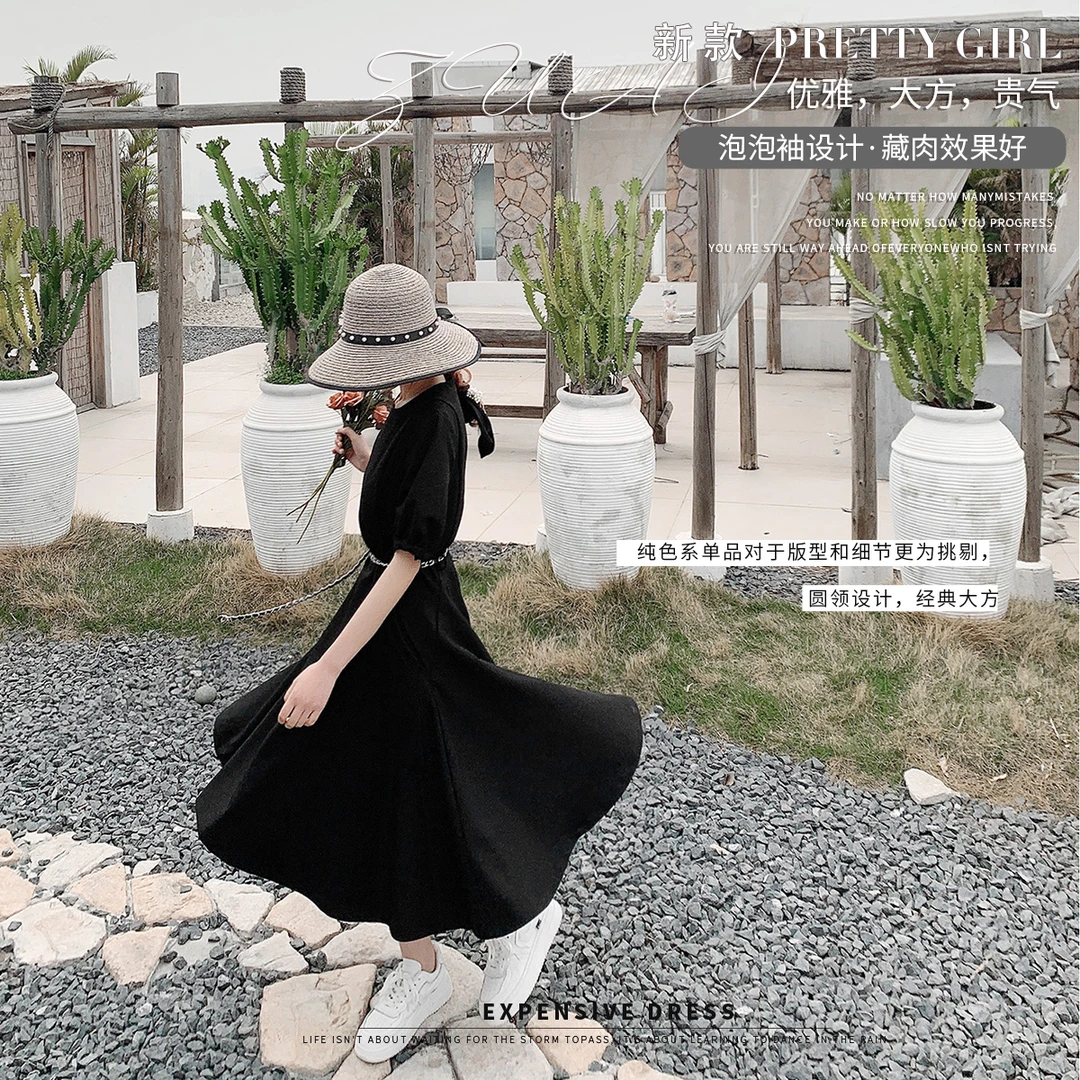 【高冷小黑裙】气质收腰赫本风五分袖女/送链条203A081