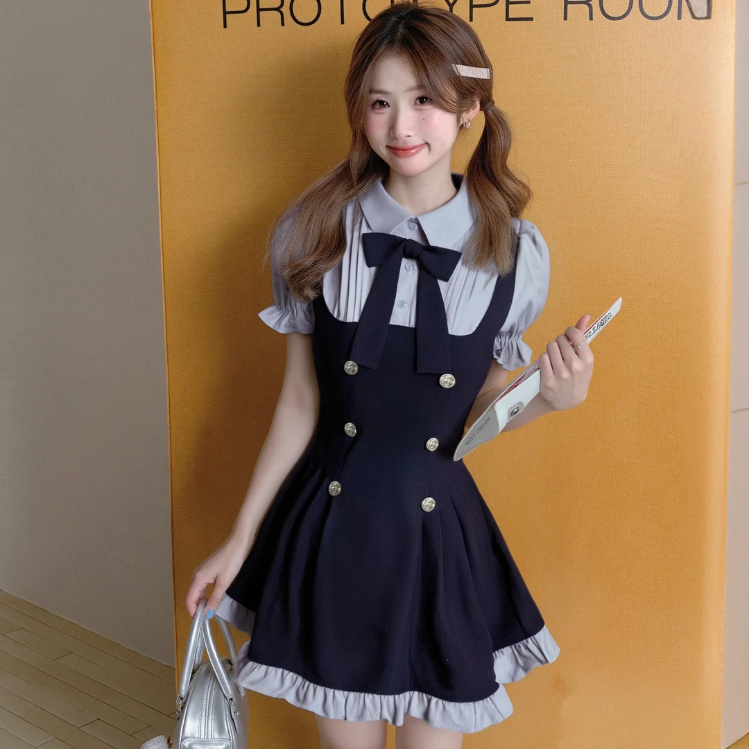 C2025夏季甜美减龄学院风假两件泡泡袖背带收腰显瘦连衣裙D2772