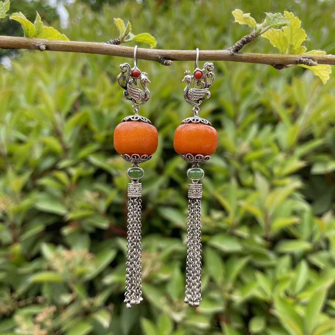 LYliuyng海漂原石老蜜蜡原皮珠耳环纯手工银镶高品质原石琥珀耳坠