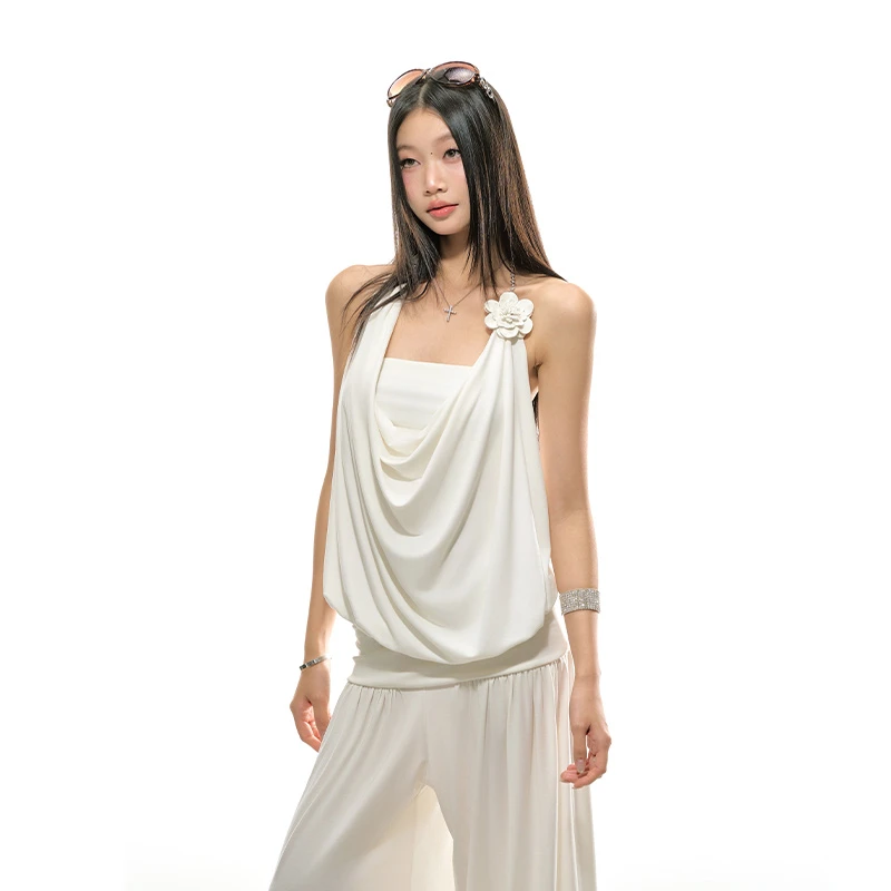 【黄英同款】4muggle原创春夏挂脖山茶花荡领上衣性感气质短袖吊带