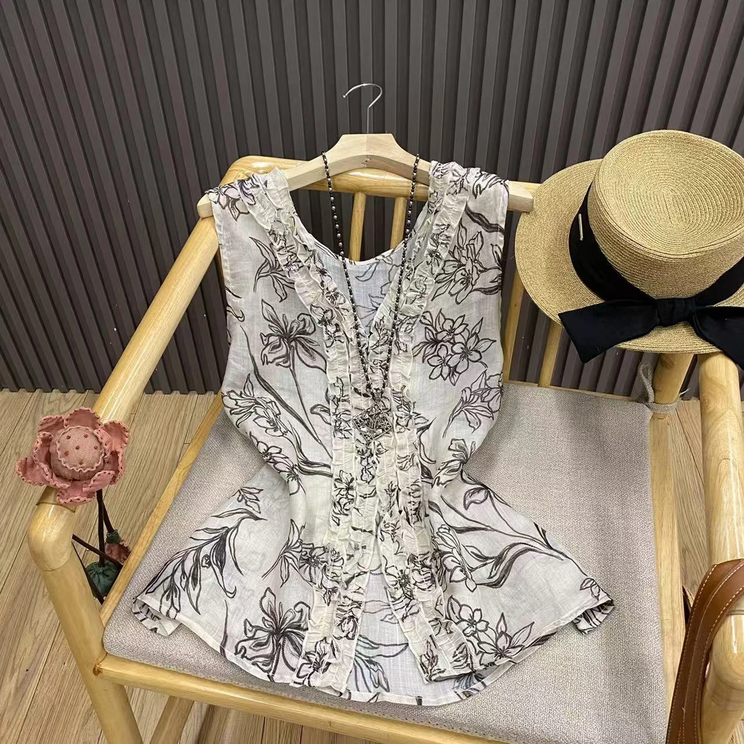 苎麻木耳边印花背心宽松百搭复古文艺无袖马甲女W88105