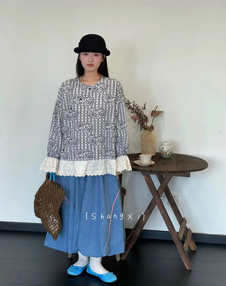 叨叨推荐款 YQ#9838#下摆蕾丝边拼接印花格子上衣（春季新款）FL