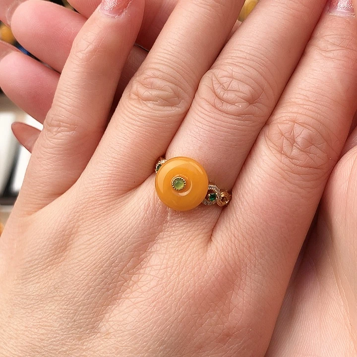 蜜蜡戒指银S925镶嵌戒指