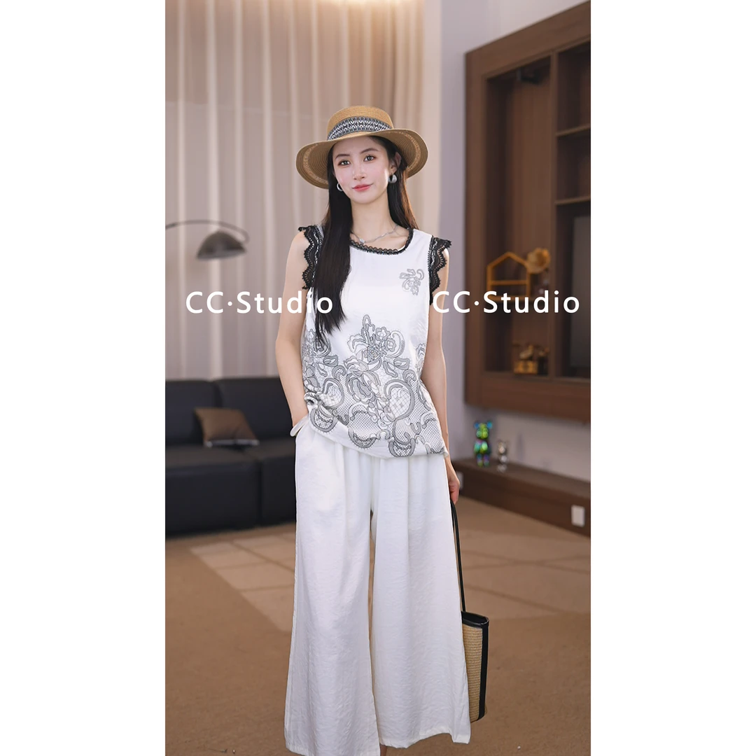 老钱风休闲气质套装女2025夏季新款时尚衬衫上衣高腰阔腿裤两件套