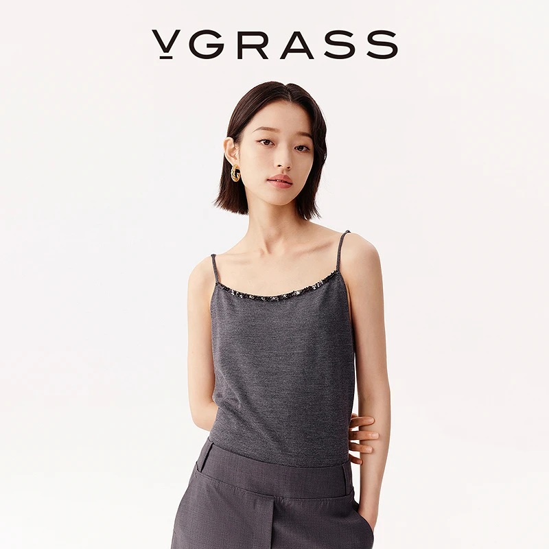 VGRASS立体珠绣背心吊带25早秋新款高支羊毛修身上衣VZJ3Q3051E