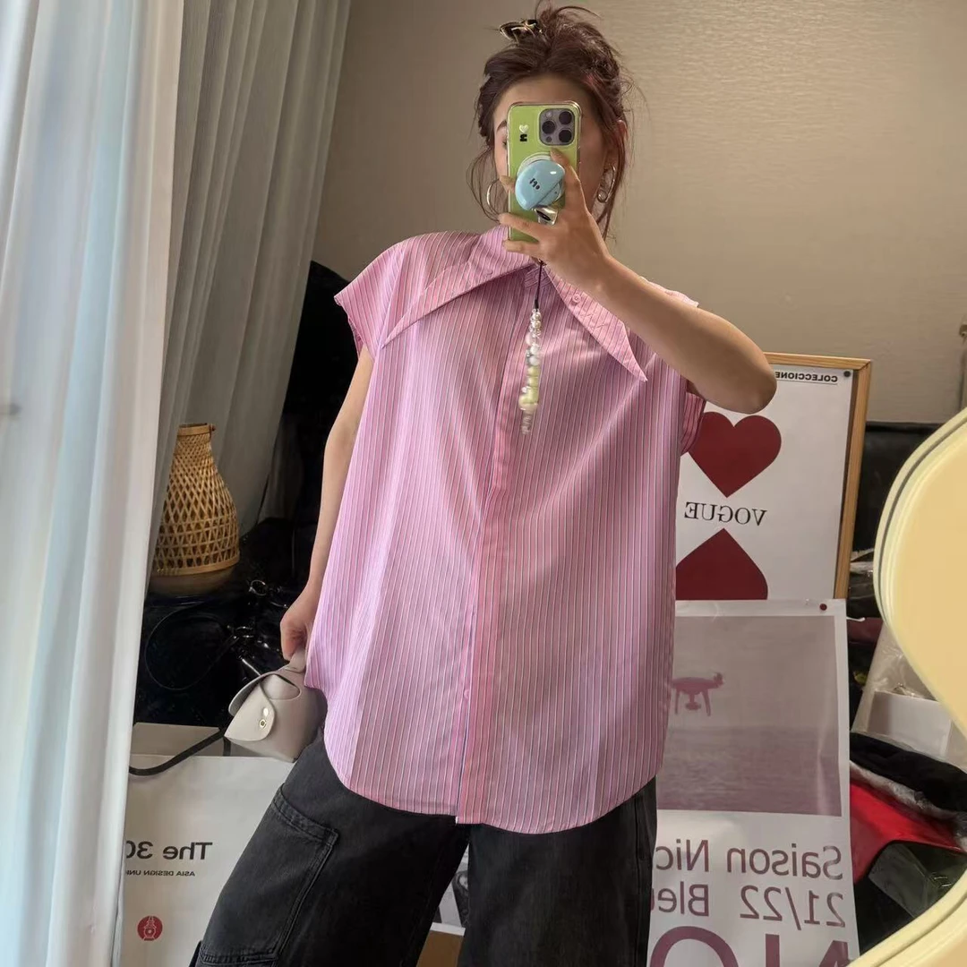 条纹无袖设计感衬衫