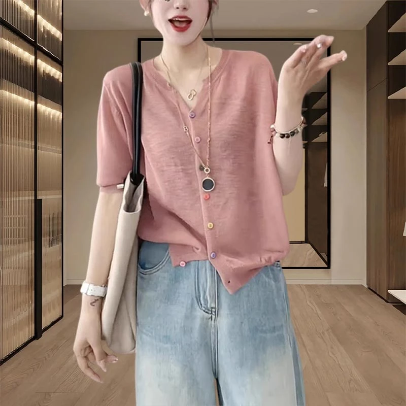 薄款减龄短袖v领针织衫上衣开衫设计感潮2025年夏季新款女士洋气