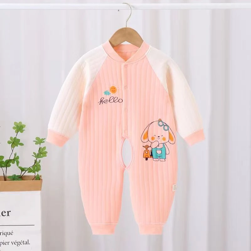 婴儿纯棉无骨连体衣春秋夹棉A类保暖睡衣宝宝爬服开档哈衣爬行服