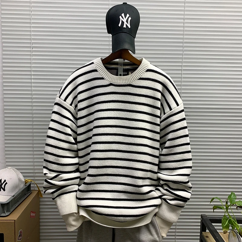 圆领套头毛衣条纹男秋冬新款简约潮流百搭重磅保暖打底针织衫上衣