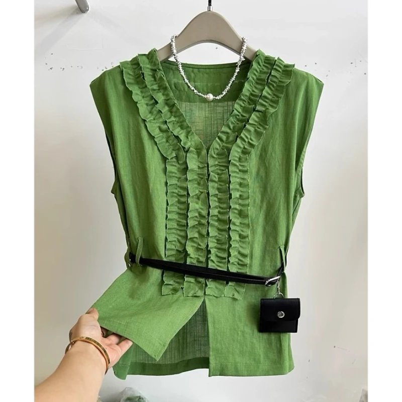 【送腰带】无袖衬衫女2025夏季新款欧韩货木耳拼接宽松网红上衣