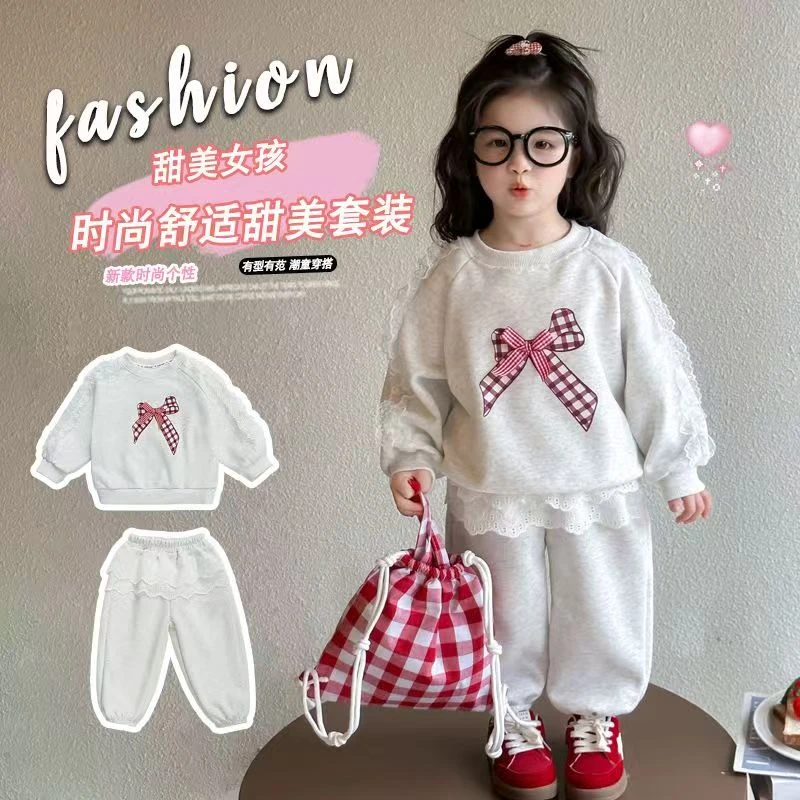 女童蝴蝶结套装春秋款女宝宝花边卫衣秋季2025新款小女孩两件套