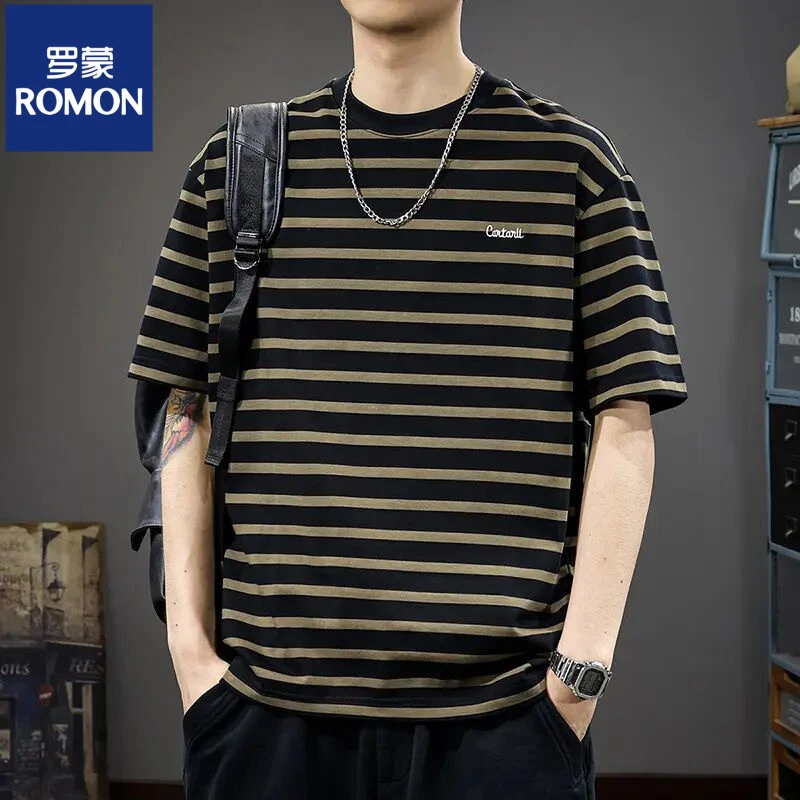 罗蒙美式潮牌条纹短袖t恤男新款夏季宽松半袖体恤纯棉刺绣海魂衫