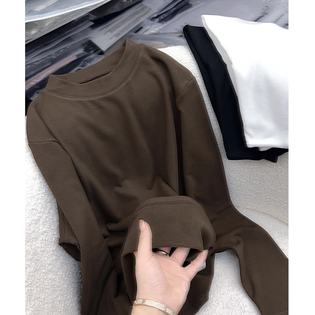 薄绒双层小半领」降温必备！柔软弹力舒适保暖加绒长袖内搭打底衫