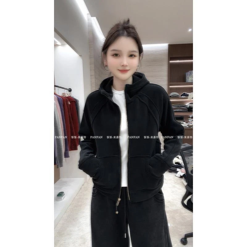 【奥粒绒拉链帽衫】加厚小个子！高腰连帽慵懒宽松卫衣女带帽外套潮