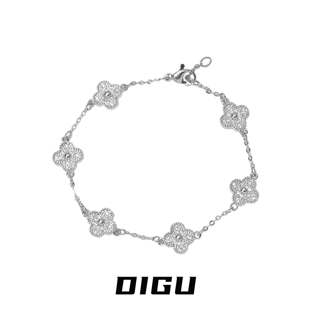 嘀咕家 铜合金合成锆石手链 法式满钻四叶草手链气质手饰设计手环