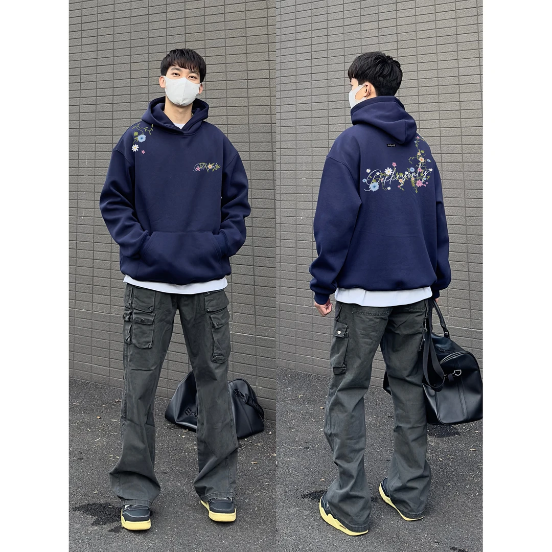 美式个性花卉字母印花宽松连帽卫衣男女秋冬季休闲百搭情侣款上衣