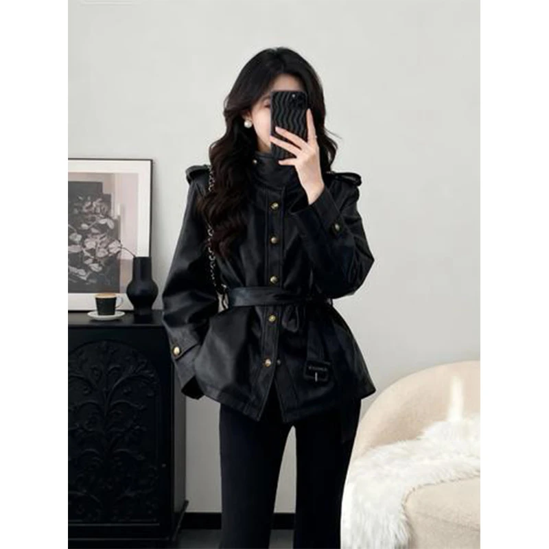 MARIE.COCO秋冬新款美式酷飒风pu皮衣外套上衣高腰微喇休闲裤套装