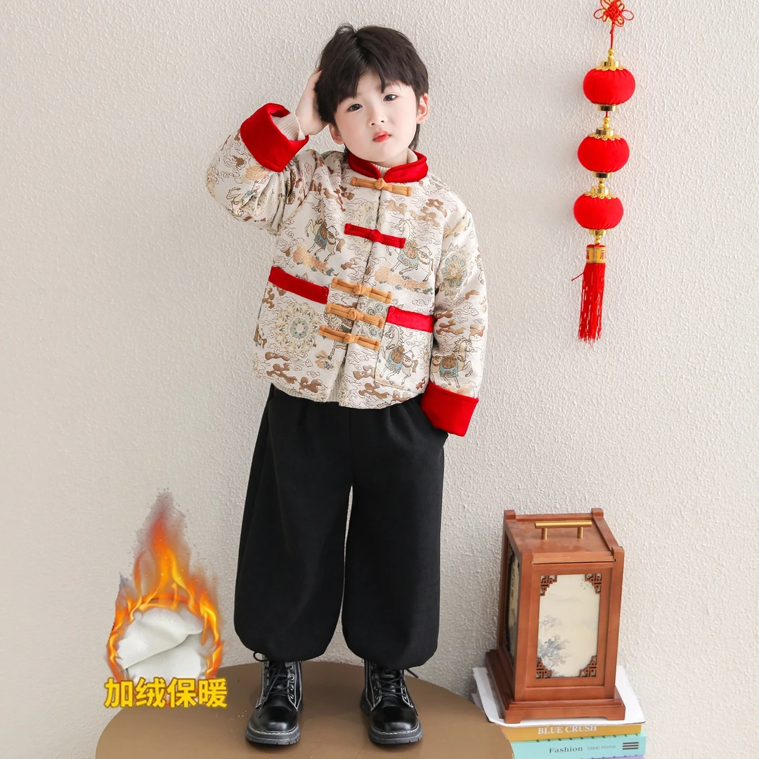 男童中国风唐装加绒加厚套装冬季拜年服儿童宝宝新中式刺绣新年装
