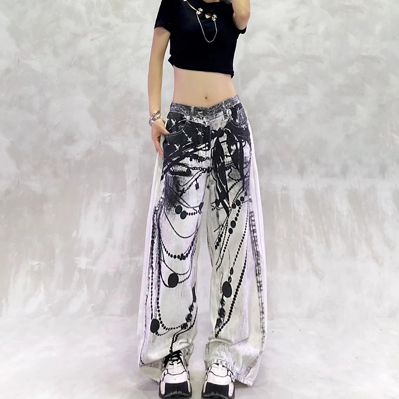 【官网图】水墨数码印花设计感阔腿牛仔裤女新款高腰宽松显瘦直筒裤